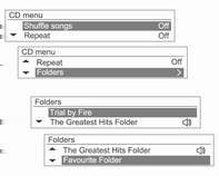 92 Ljudspelare CD-meny Spårlista CD-meny Mappar Vrid på MENU-TUNE-kontrollratten för att välja blandad eller upprepad uppspelning och tryck sedan på MENU-TUNE-knappen för att slå på eller stänga av