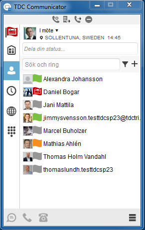 Sida 6 av 29 1.5 Huvudfönstret När du startar TDC Communicator för första gången är listan Kontakter tom. Använd Sök-fältet för att hitta personer och dra dem till listan Kontakter.