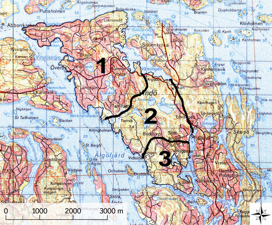 Pardis Sazvar TRITA LWR Degree Project 10-10 Fig. 2. Karta över Vindö med de 3 områden som beräkningar gjorts för markerade. Lantmäteriet Gävle 2009.