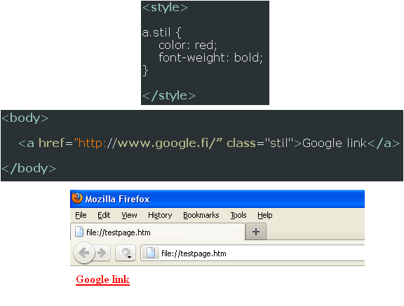 Figur 2. Exempel på CSS kod och HTML kod, samt resultatet av koden. Här omändras ett a element som är en link till google.