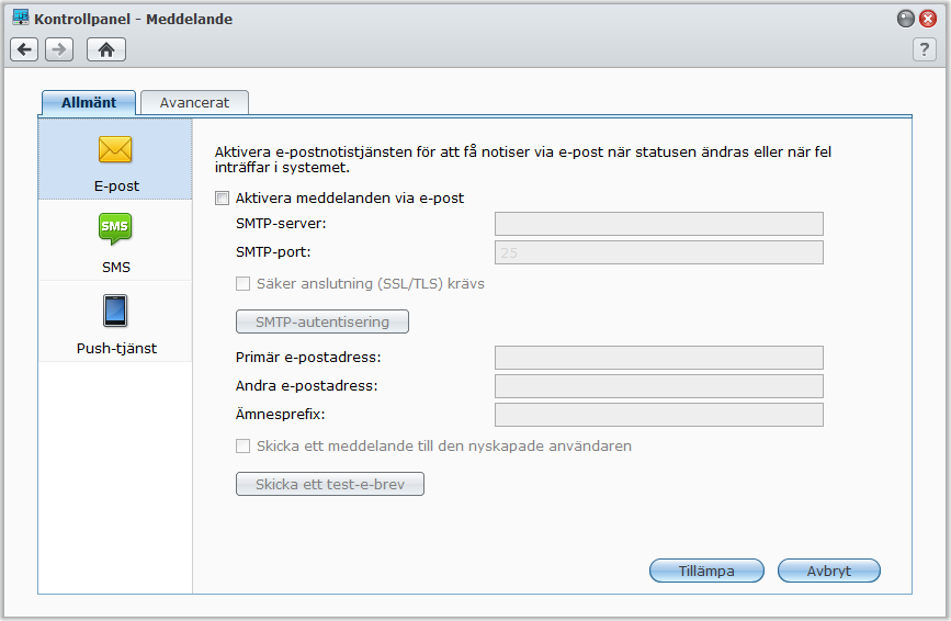 Bruksanvisning för Synology DiskStation Ta emot meddelande om händelser Gå till Huvudmeny > Kontrollpanel > Meddelande och ställ in att Synology DiskStation ska meddela dig via e-post, SMS, mobila