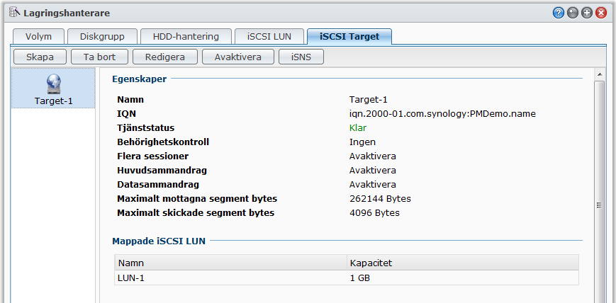 Hantera iscsi Target med Lagringshanteraren Bruksanvisning för Synology DiskStation Gå till Huvudmeny > Lagringshanterare och klicka på fliken iscsi Target för att hantera iscsi Targets på din