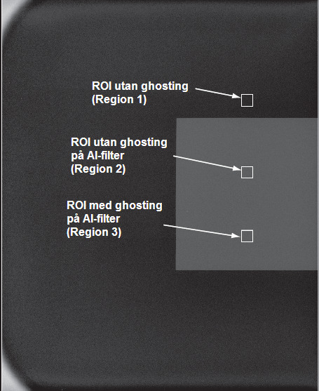 Ställ in AUTO-FILTER vid Exposure mode och ställ AEC-sensorn till position 2. Exponering 1: Täck halva detektorn med 4cm PMMA-block, se Figur 6.