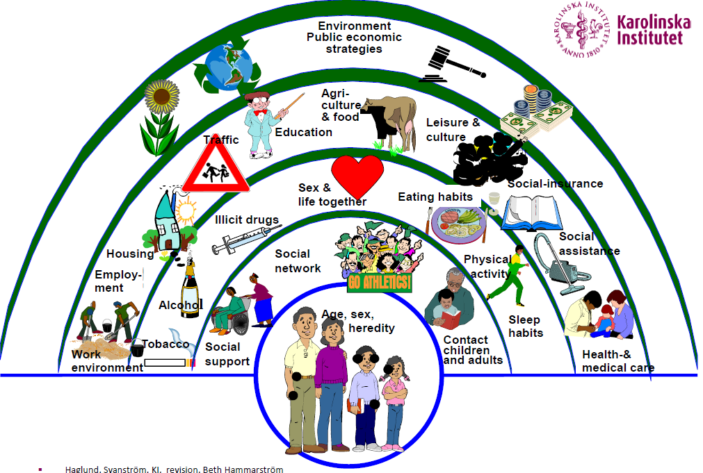 Samhälleliga och lokal nätverk: * Individens tillgång till socialt stöd och sociala nätverk; samt * Tillgången till stabila och starka nära relationer Levnadsvillkor och arbetsförhållande: * Styr hur