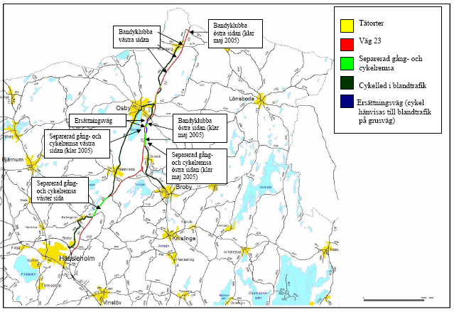 - Beskrivning av väg 23 - Figur 4.9 Kompletterande åtgärder längs väg 23 Bandyklubbor och ersättningsvägar Ur trafiksäkerhetssynpunkt eftersträvas få avbrott i räcket.