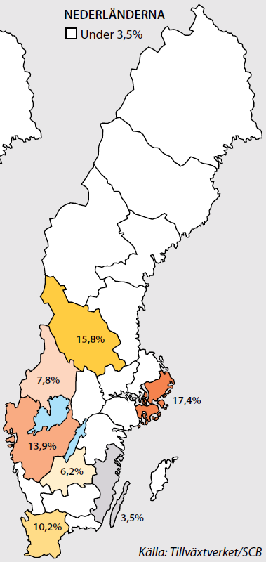 Tabell: Övernattningar från Nederländerna 2010 Figur: Andel nederländska övernattningar 2010 Region/Län Övernattn. Förändr 2010/2009 2010 Nom.