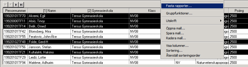 I urvalsträdet skriver du ut rapporter som rör t ex hela skolan, klasser etc.