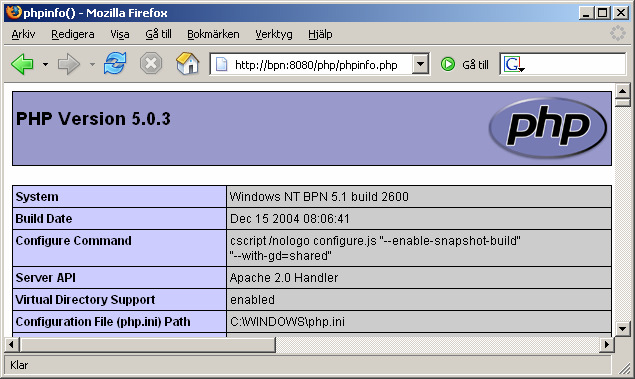 10. Starta Apache (eller eventuellt starta om dator och starta Apache, om den inte tjänsten startas automatiskt). Skapa en fil med t.ex. namnet phpinfo.