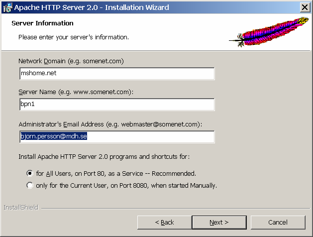 2 Installera Apache Denna beskrivning visar hur man installerar Apache 2 i Windows. 1. Ladda ner version med Windows-installation (.MSI-fil). 2. Dubbelklicka på MSI-filen för att starta installationsprogrammet (detta kan kräva att du laddar ner Windows Installer 2.