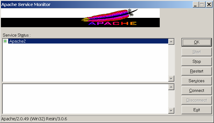 Installationsprogrammet startar automatiskt Apache Service Monitor ett program som kan användas för att stoppa och starta Apache2-tjänsten.
