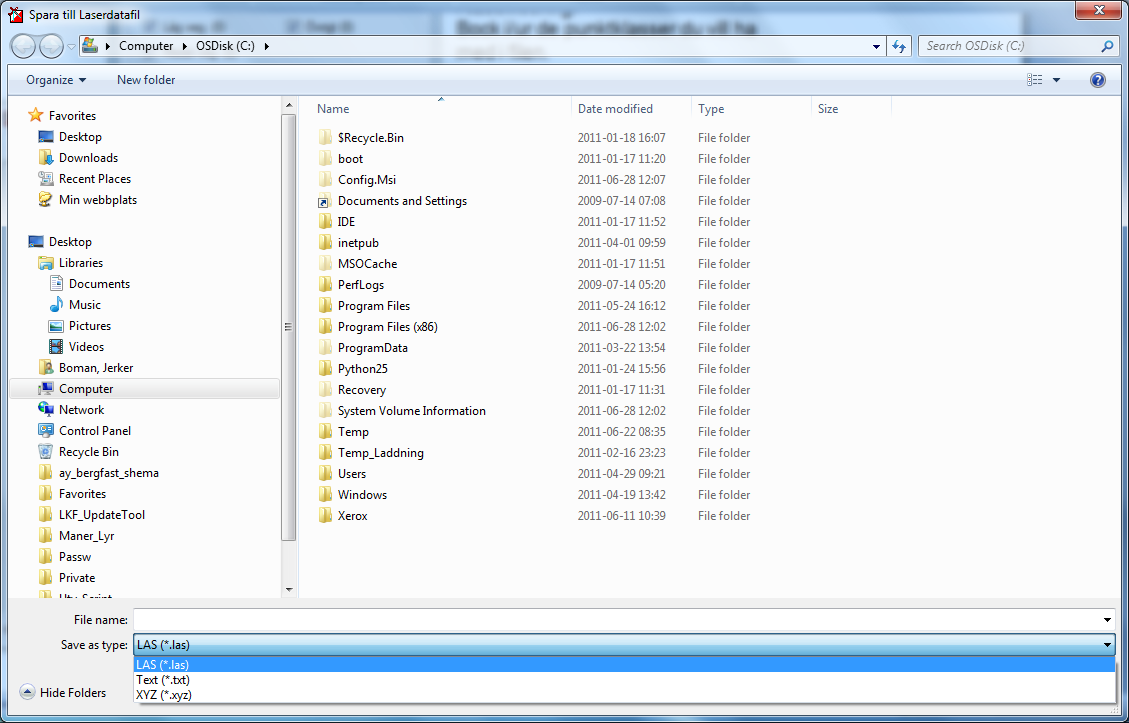 Spara filen i något av formaten LAS, Text och XYZ Jag rekommenderar formatet LAS om du ska använda filen igen i OL Laser.