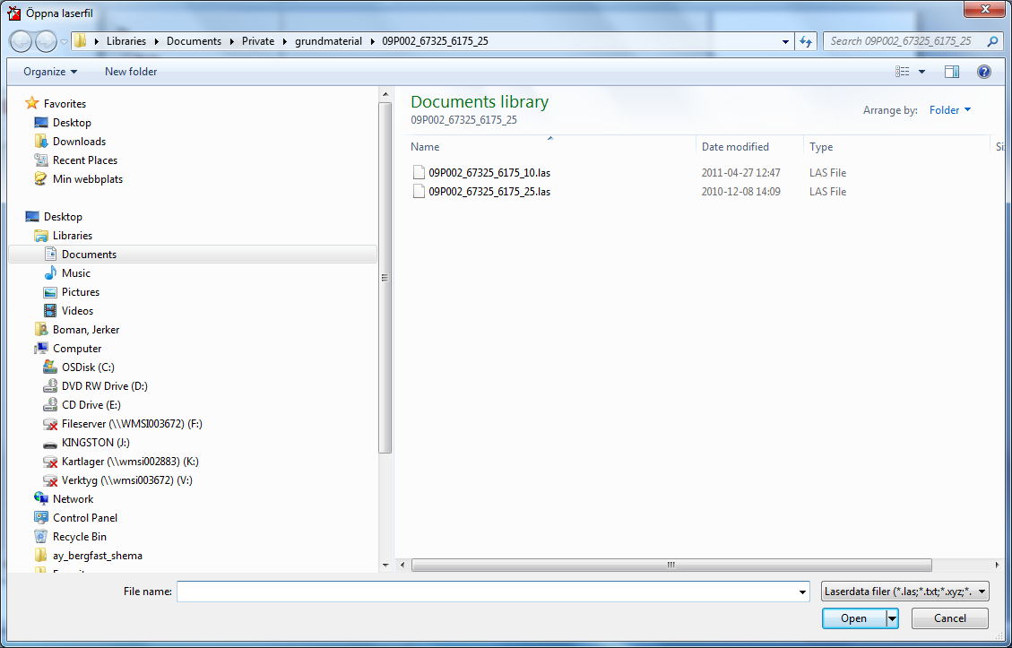 Klicka på Öppna laserdatafil och välj fil att öppna.