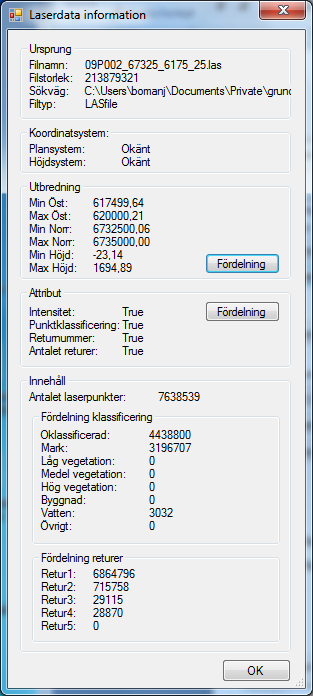 Nu ska det vara klart. Information om laserdatafilen Klicka på Laserdatafil info. Ursprung: Filens namn, storlek, sökväg och typ/format. Koordinatsystem: Anges om det finns i filen.