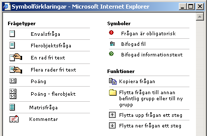 Enkätfrågor Varje enskild enkät nås genom klickning på namnet på respektive enkätnamn i enkätlistan. Varje redigereas redigeras via sex funktioner (se figur NNN).