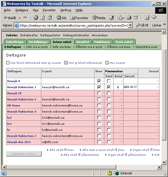 Figur 43. Listan med enkätdeltagare. Visar status för enkätdeltagare.