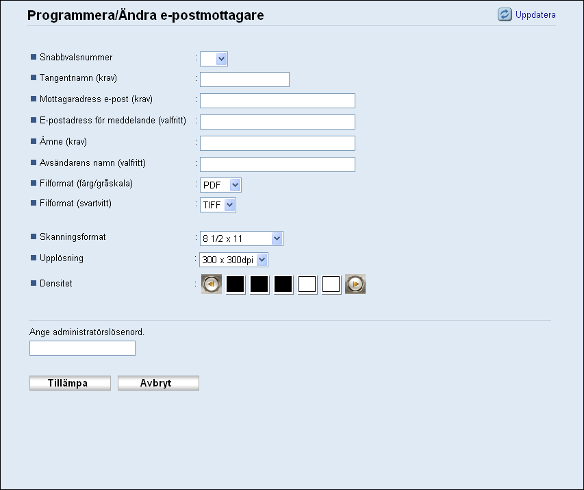 5. Använda skannerfunktionen Inställningar för Skanna till e-post Post Inställning Beskrivning Snabbvalsnummer Tangentnamn Mottagaradress e-post E-postadress för meddelande (e-postavisering) Ämne