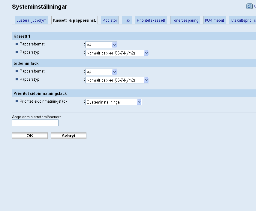 8. Konfigurera maskinen med hjälp av Web Image Monitor Konfigurera pappersinställningar Klicka på fliken [Kassett- & pappersinst.