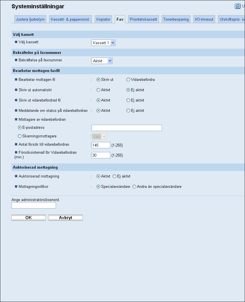 Konfigurera systeminställningar Konfigurera faxinställningarna Klicka på fliken [Fax] på sidan med systeminställningar för att konfigurera faxinställningarna.