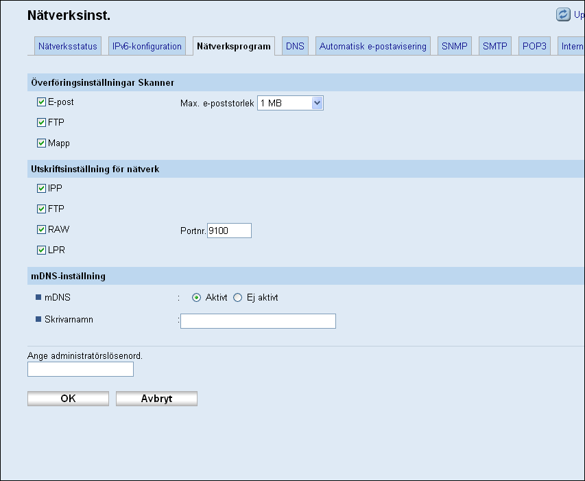 8. Konfigurera maskinen med hjälp av Web Image Monitor Post Stateless-adress Gateway-adress LinkLocal-adress Manuell konfigurationsadress Beskrivning Visar upp till fyra automatiska