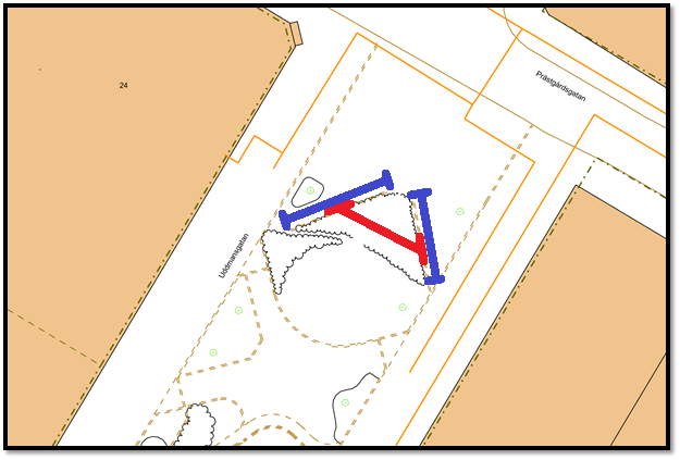 3.3.3 Uddmansgatan Bild 18, Förslag på utplacering av cykelställ Uddmansgatan, (GIS primärkarta) De blåa markeringarna på bild 18 visar var befintliga cykelparkeringar står idag, den röda markeringen