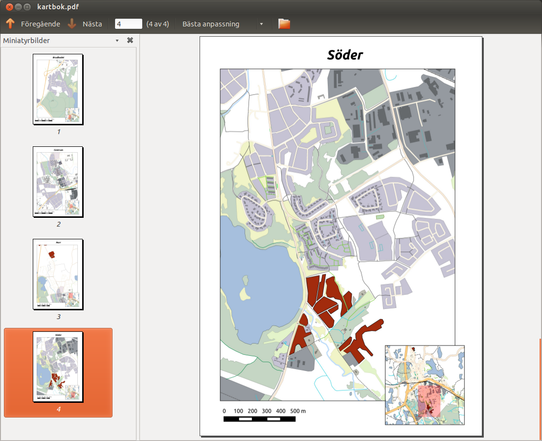 kartelement, vilket är en nyhet sedan QGIS 2.2. Det är även här man ställer in om bladen skall anpassas till varje objekt eller om de skall ha en fast skala.