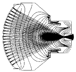 elektriska fältlinjer plan-konkav fiberoptik elektronbanor Här visas elektronbanornas väg mot utgångsskärmen i det varierande elektriska fältet.