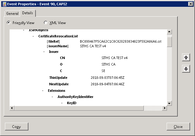 Revokeringskontroller För att verifiera att revokeringskontroller görs av IIS en kan man titta i EventManagern. 1. Öppna Applications and Service Logs -> Microsoft -> Windows -> CAPI2 2.