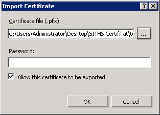 Observera att IIS cetifikat-import frågar efter en.pfx fil, men att även.p12 filer hanteras om en sådan fil pekas ut.