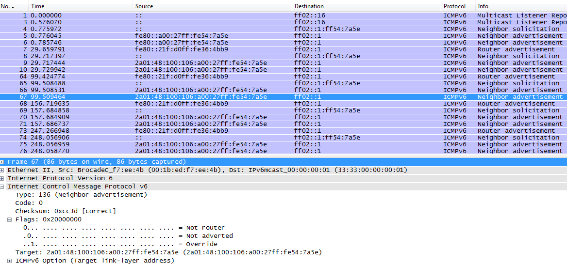 Spoofed packet for existing ip6 as 2a01:48:100:106:a00:27ff:fe54:7a5e Spoofed packet for existing ip6 as 2a01:48:100:106:a00:27ff:fe54:7a5e Tabell 9: DOS hacker program Vi börjar med att avaktivera