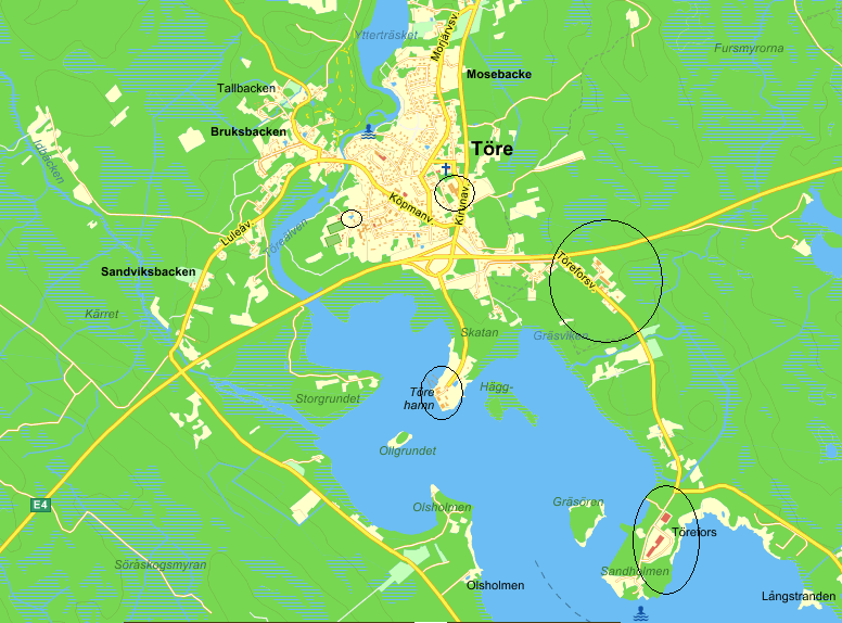4.2 Kommunens mark, lokaler och infrastruktur 4.2.1 TÖRE Kort beskrivning av Töre Översiktskarta, källa: Eniro Töre är beläget 25 km väster om Kalix centralort där Europavägarna E4 och E10 strålar samman.