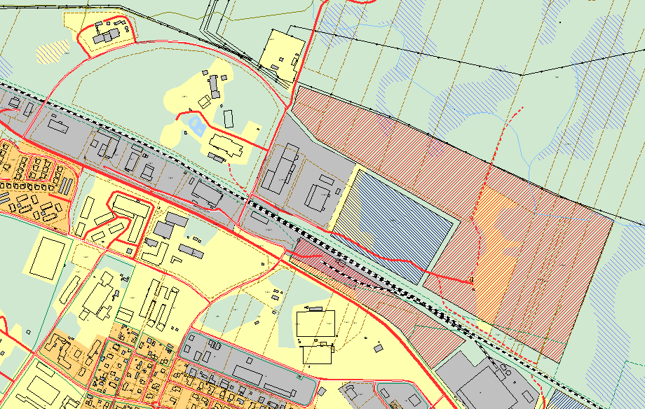 Figur 9 De föreslagna områdena vid Myrskatans och Terrassens industriområden. Rött är ej detaljplanelagt område som dock finns med i översiktsplanen för industriändamål.