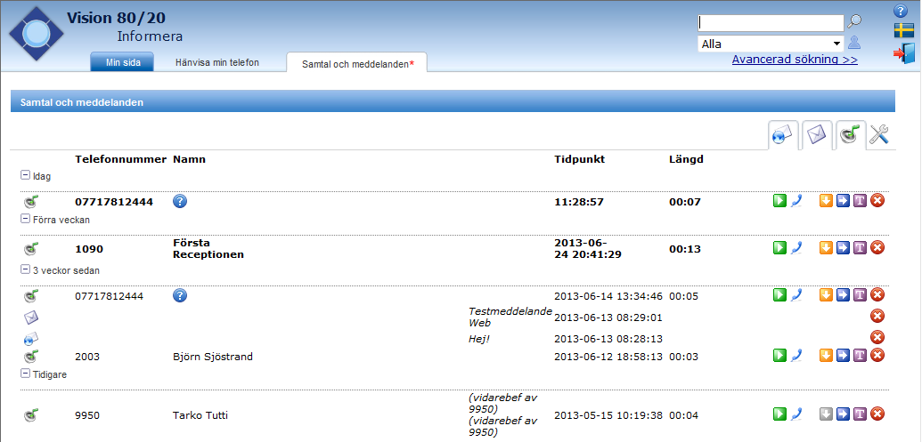 6 Samtal och Meddelanden 6.1 Meddelanden Under fliken Samtal och Meddelande finns din inkorg för meddelanden skickade via internmeddelande, e- post och SMS.