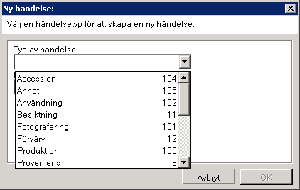 Primus Generell vägledning 18 När man väljer Ny händelse, kommer det upp en ny dialogruta där man ska välja händelse.