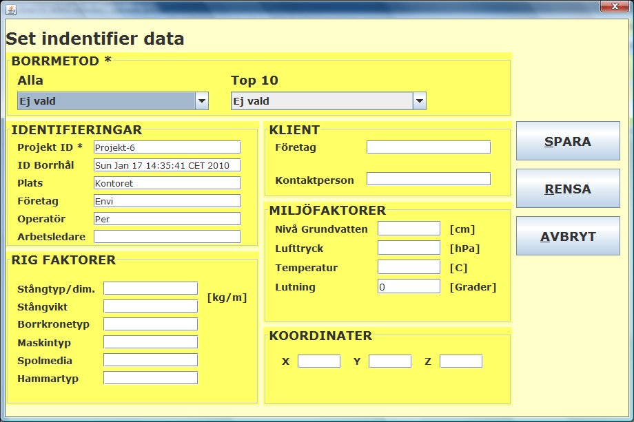 Om man väljer NY får man en pop-up där man anger administrativ data för sonderingen. Man måste ange både ett projektnamn, ett borrhåls-id, samt en borrmetod för att kunna komma vidare.