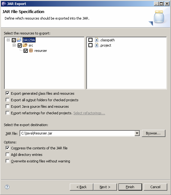 Uppgift 2 En JAR-fil (arkiv-fil), Java archive file, kan innehålla alla de filer som behövs i ett program. JAR-filen kan dessutom göras körbar.