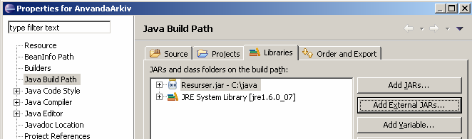 Testa jar-filen i ett annat projekt Nu ska innehållet i Resurser.jar användas i ett program som är i ett annat projekt. Skapa projektet AnvandaArkiv. Skapa paketet laboration10 i projektet.