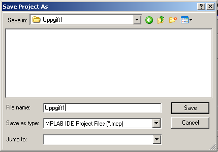 I MPLAB 8: Klicka på Browse vid Create New Project File, gå till "utgångsmapp", skapa ny mapp Uppgift1: Gå till den och fyll i Uppgift1 som projektnamn under File name och spara: Ta för vana att