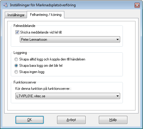 Överst i fönstret kan man välja vem som ska få information ifall den schemalagda körningen inte fungerar som den ska.