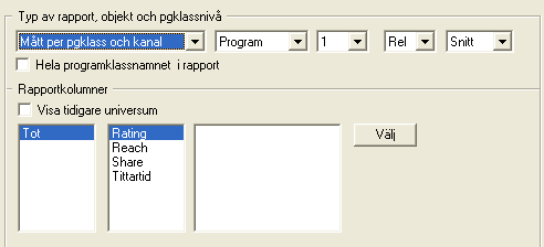 När man vill få fram en analys innehållande tittandet per pg-klass väljer man rapporttypen enligt ovan. Välj mått och målgrupp.