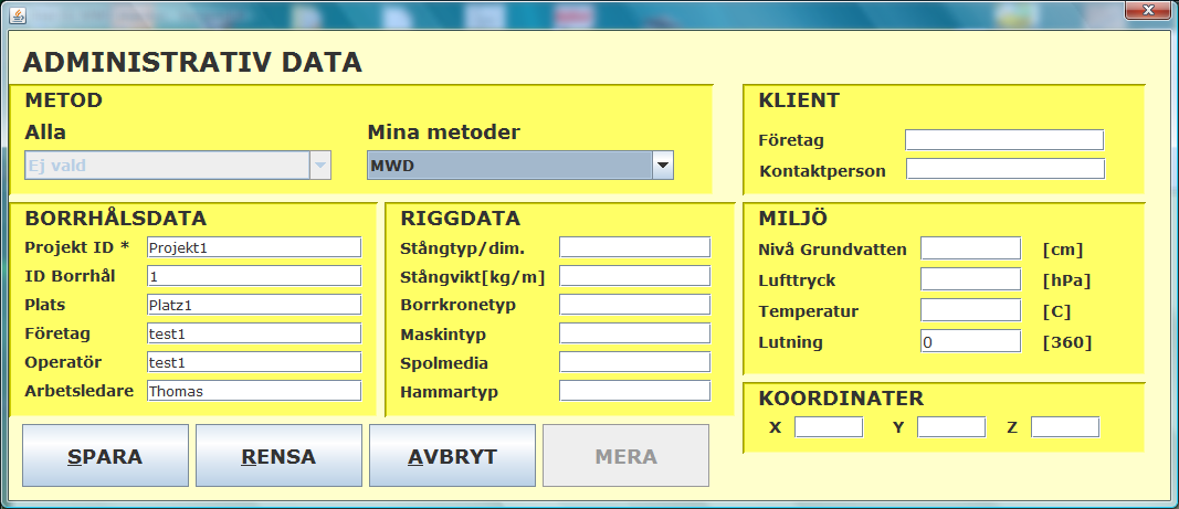 Om man väljer NY får man en pop-up där man anger administrativ data för sonderingen. Man måste ange både ett projektnamn, ett borrhåls-id, samt en borrmetod för att kunna komma vidare.