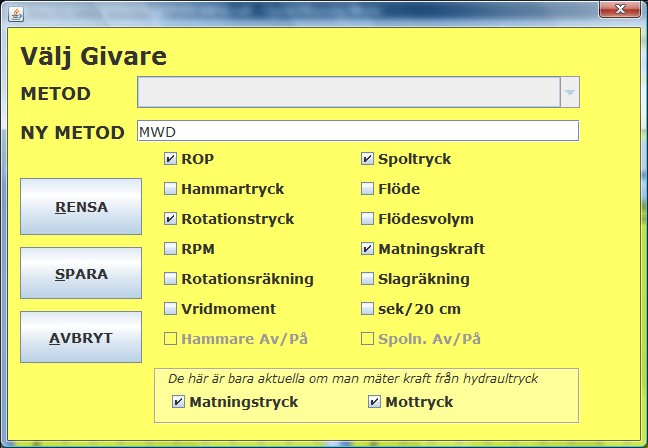 Tryck på START för att starta en sondering Tryck på PAUS för att göra uppehåll i en sondering Tryck på STOPP för att avsluta en sondering Om man vill ändra vilka parametrar man ska se så trycker man