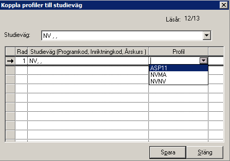 Profil Gå till huvudflik Organisation, detaljflik Studieväg. I Adela kan Program och Inriktning kopieras, men Profil måste kopplas manuellt (under förutsättning att skolan använder Profil).