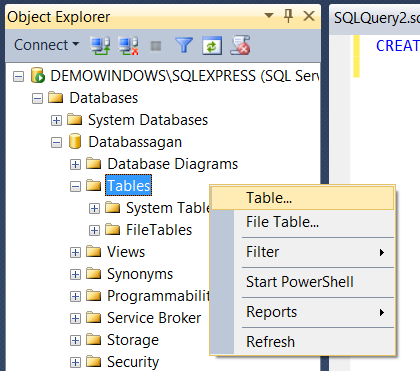 Ge databasen namnet "Databassagan" och tryck OK. Alternativt kan du skapa den med SQL-kod och skriva CREATE DATABASE [Databassagan]; I fortsättningen rekommenderar jag att du använder SQL-koden.