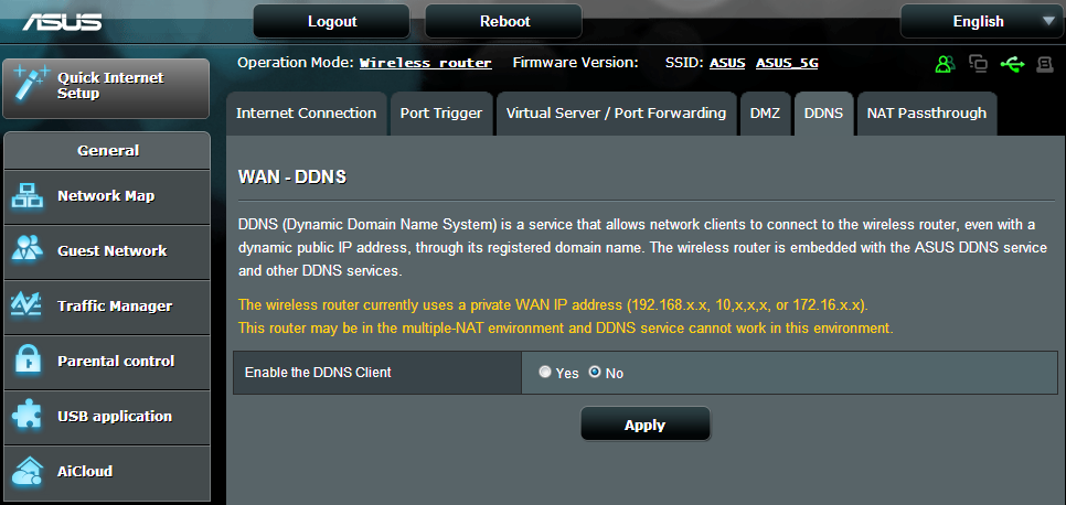 4.3.5 DDNS Inställning av DDNS (Dynamic DNS) ger dig möjlighet att komma åt routern utifrån ditt nätverk genom den tillhandahållna ASUS DDNS-tjänsten eller annan DDNS-tjänst. Ställa in DDNS: 1.