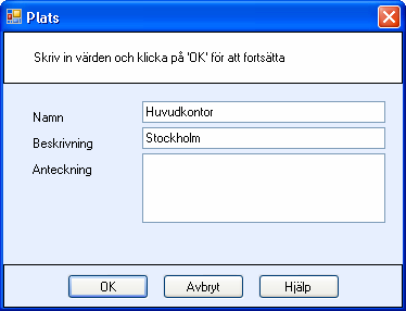 MAMUT ANLÄGGNINGSREGISTER Skapa/ändra platser - fältbeskrivning I fönstret Plats registrerar du Namn och