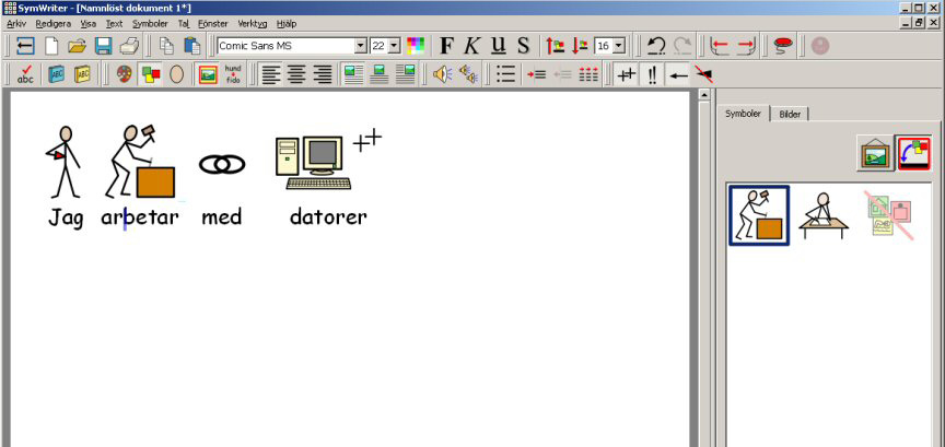 A2. Symboler till det du skriver A2.1 Använda smart symbolisering Starta programmet genom att klicka på ikonen Skriva dokument i Startfönstret. Skriv Jag såg en ren ren och se vad som händer.