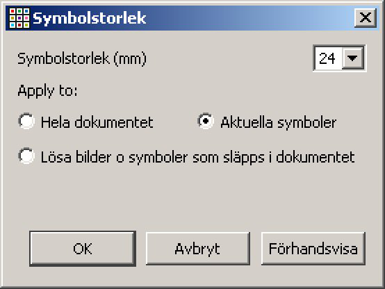 A3.3 Ändra symbolstorlek Även symbolstorleken kan ändras från verktygsfältet. Storleken ändras antingen för de markerade symbolerna eller för den symbol markören står i. Ändra symbolstorleken här.