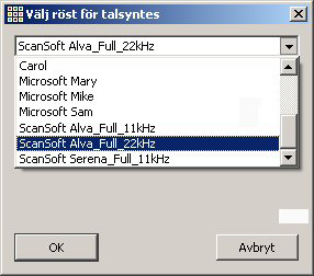 Om du redan har andra tillgängliga röster installerade i datorn (Sapi4 eller Sapi5) kommer även dessa att visas i listan över val av röster.