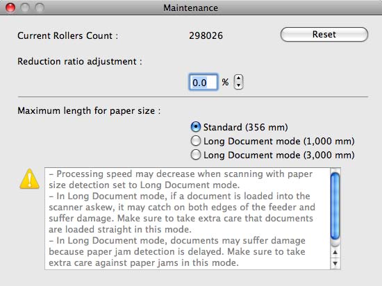 4 Klicka på fliken [Maintenance] [Underhåll] och på [Reset] [Återställ]. 6 Klicka på. Då öppnas dialogrutan för avancerade inställningar för skannern.