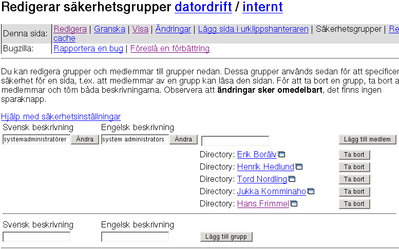 Skapa alias, dvs grupper av personer Ta bort personer